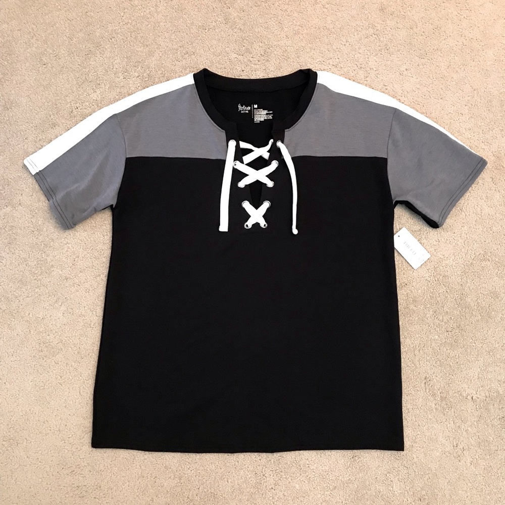 Flirtitude Boyfriend Jersey Tee NEW Size M Black Grey Lace Up Short Sleeve